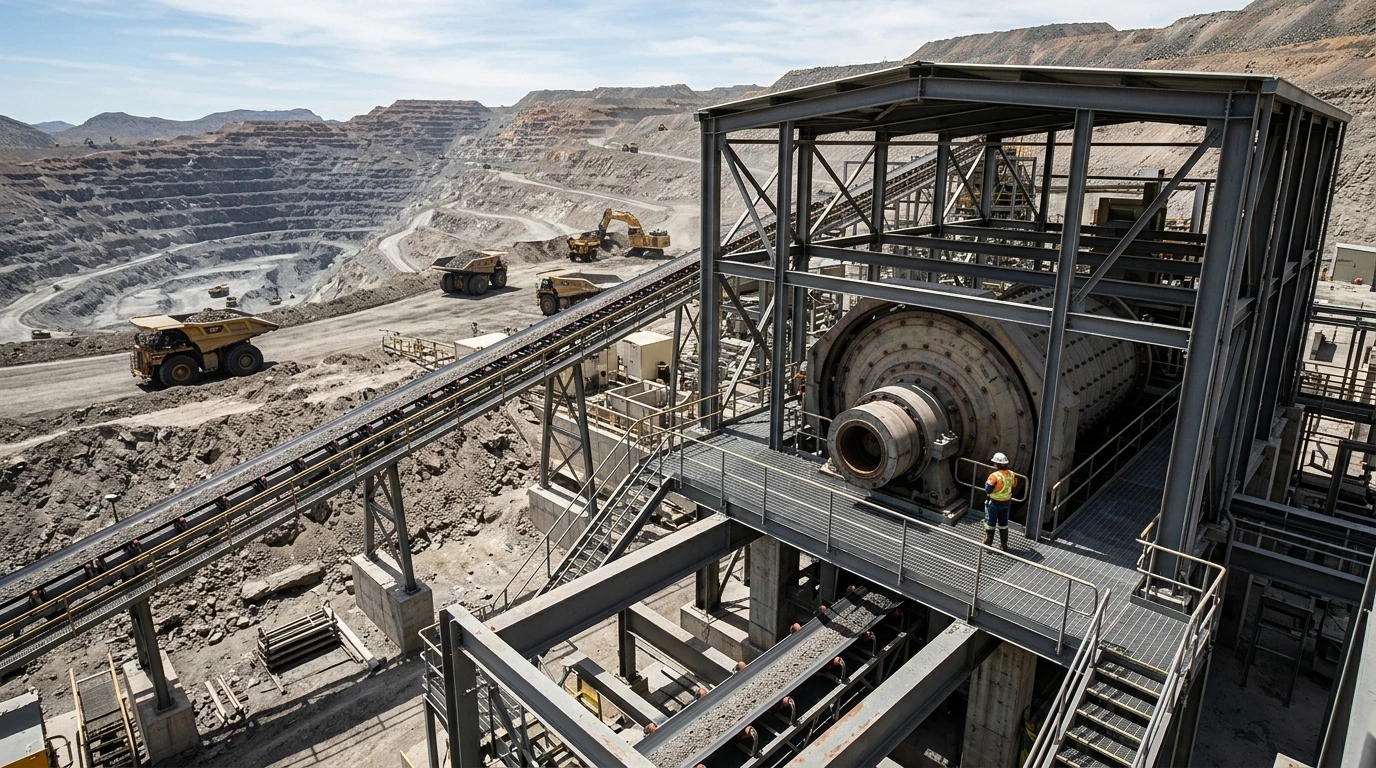 Heavy equipment and structural steelwork at a mine site